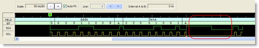 . Figure 9. I2C Exerciser Timing Waveform (Bad) The script wasn t working correctly because the SCL signal was not being allowed to return high to generate the rising edge of the clock.