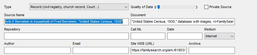 Type Specify the type of information that allows you to advance in your genealogy. Is it a deed? A family document? A historical work? Etc.