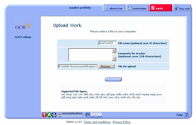 Figure 3 When you have uploaded your file, click the finished button at the bottom of the screen.
