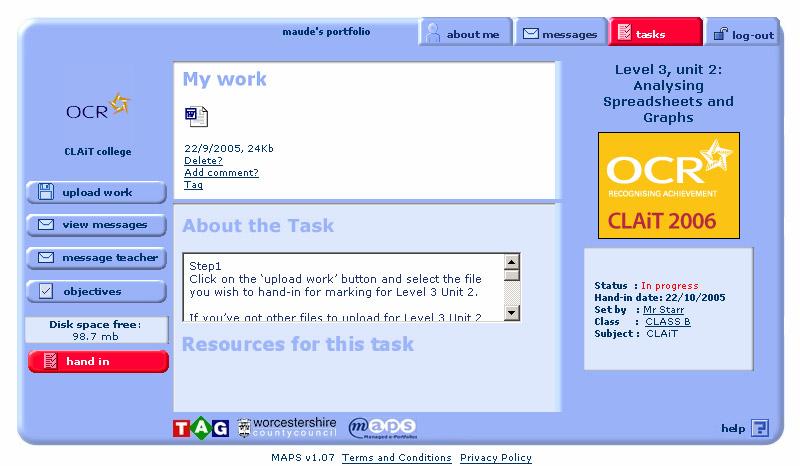 6 Handing your work in for marking Once you are sure you have completed your work, click on the red hand in button on the bottom left of the screen.