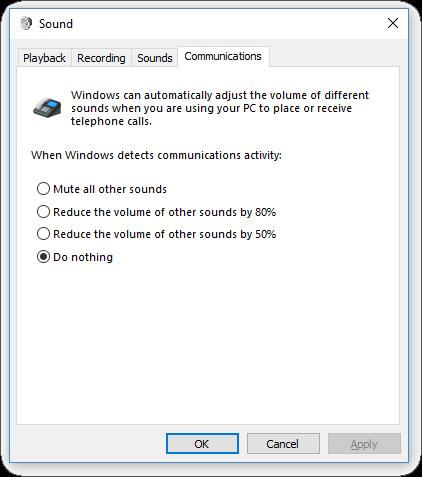 To fix, go to the Sound Control Panel in Windows, select the Communications tab, then select Do Nothing.