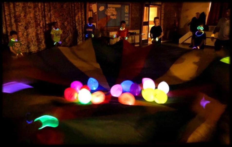 Parachute Games Reinvent some of your classic parachute games by playing them in the dark, lit up only by glowsticks and LED balloons.
