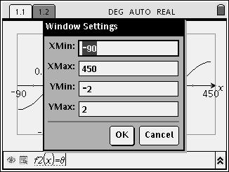 Now, we need to edit the window screen on the handheld. Press b, 4: Window, 1: Window Settings. See Figure 2 to enter the right window settings for this activity.