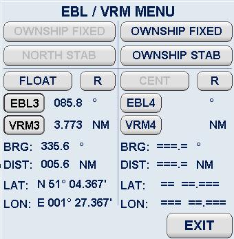 Example: EBL/VRM 3 displayed OWNSHIP FIXED and NORTH STABILIZED FLOAT and R mode used. (T)* 1 EBL/VRM3 3 DIST 2 BRG * SHM Help Lines, only used for this example.