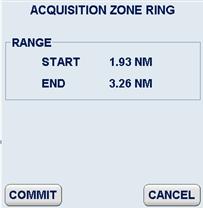 ACQUISITION ZONE RING Operator controls Task Step 1 Open the TGT menu. Step 2 Open the CREATE ZONE menu. Step 3 Open the ACQUISITION ZONE menu with the options SECTOR, POLYGON, RING.