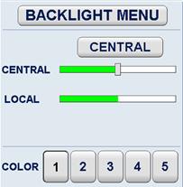 Operator controls Task BACKLIGHT MENU CENTRAL selected, adjust the slider to set the requested brightness.
