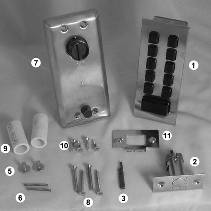 What s In the Box Standard Contents: 1. Lock Assembly 2. Deadbolt Assembly 3. 1 Actuator* 4. 1 Brass Pin* 5. 2 Flathead Screws* 6. 2 Reset Button Springs* 7. Interior Cover 8.