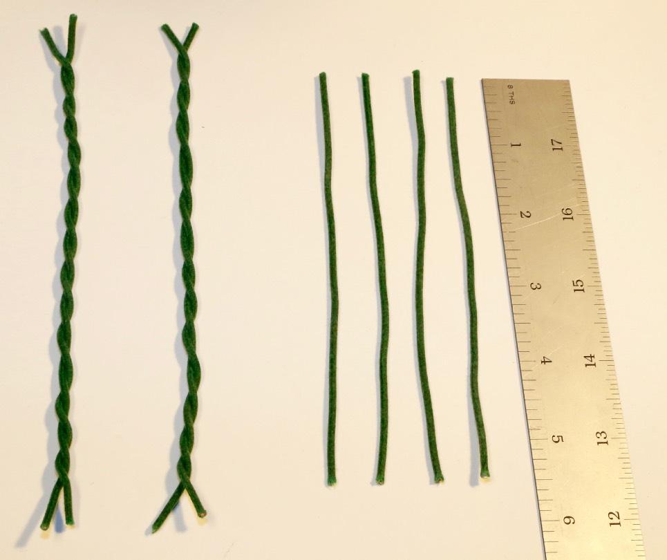 91. Cut four pieces of 7 1/2 long green cloth wire and twist two together in 1/2 intervals to create 2 sets of braided