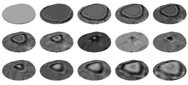 Figure 10. Instantaneous pressure distribution at time instants t = 0,10,20,..., 140 in case of the annular excitation. different images.