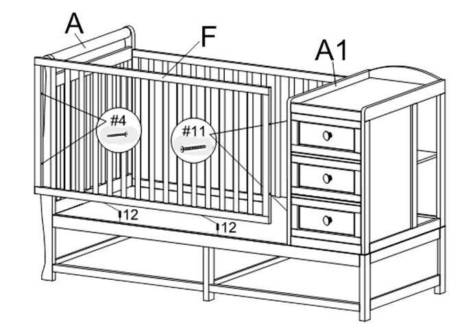 M661/662 Crib Assembly Sheet STEP 9: Insert 2 Wood Dowels (#12) into Front Top Rail (C).