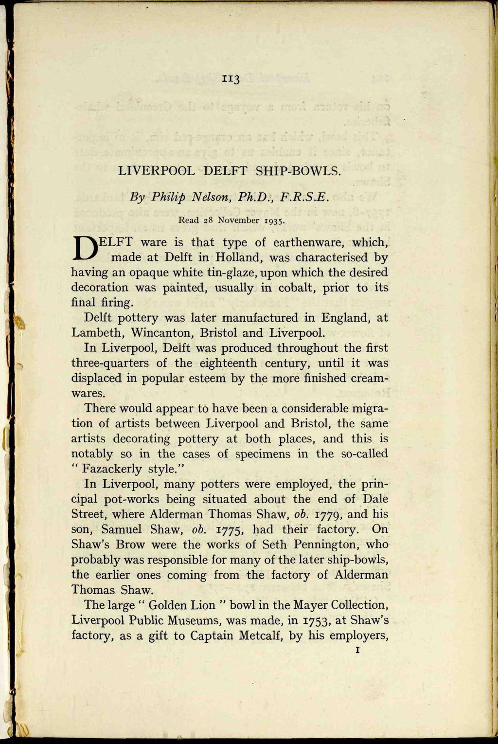 LIVERPOOL DELFT SHIP-BOWLS. By Philip Nelson, Ph.D., F.R.S.E. Read 28 November 1935.