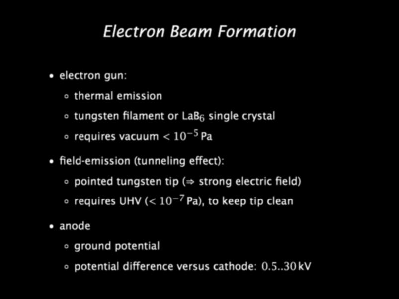 Electron Beam Formation electron gun: thermal emission tungsten filament or LaB 6 single crystal requires vacuum < 10 5 Pa field-emission (tunneling e ect):