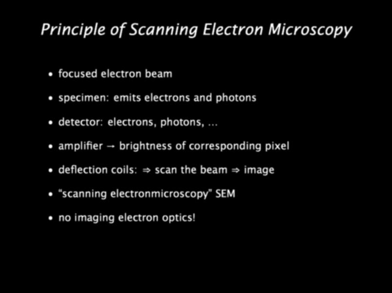 Principle of Scanning Electron Microscopy focused electron beam specimen: emits electrons and photons detector: electrons, photons,