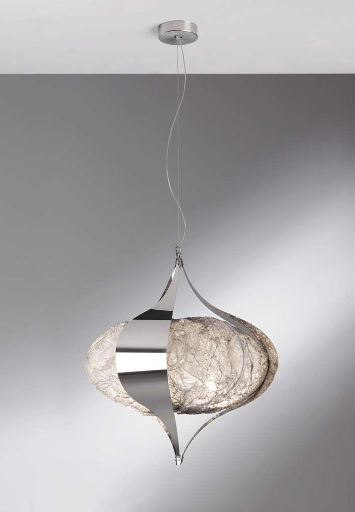 Pendant lamp in two sizes and wall sconce with middle steel mesh diffuser