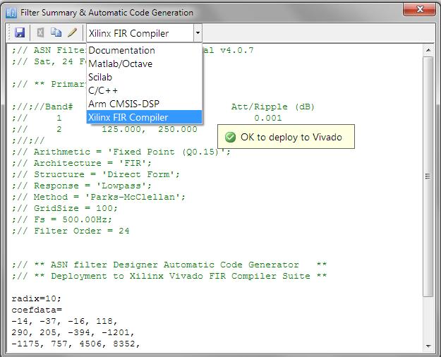5.2.7. Automatic code generation for Xilinx FIR Compiler FIR filters may be exported to the Xilinx Vivado FIR compiler suite.
