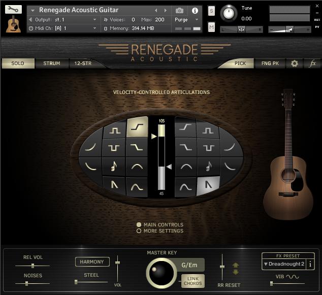 Indiginus Renegade Acoustic Guitar has been designed to help you create realistic acoustic guitar parts easily, using both key velocity switching as well as momentary key switches to control