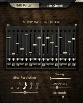 Editing Strum Patterns Click on the Edit Pattern button to show the Strum Pattern Editor. Step running lights. Drag this left or right to change the number of steps in the Pattern.