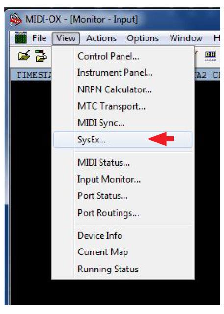 For ASSIGN out calibration at 1 V, the command is: F0 00 20 32 00 7F 10 20 F7 7. In the Command Window drop-down menu, select Send SysEx.