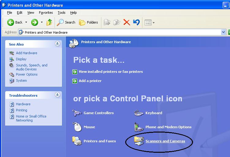 1.1 Turning the Scanner ON 3) In the [Printers and Other Hardware] window, double click the [Scanners and Cameras] icon.