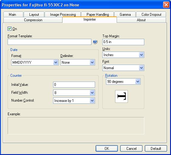 [Imprinter] Tab You can configure settings for using the imprinter option (to be purchased separately). This tab is not displayed unless the imprinter option is installed.