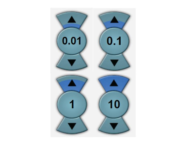 The first image shows you side-by-side copies of the same X and Y manual control button, each with a different increment (in millimeters) selected for the X axis movement.