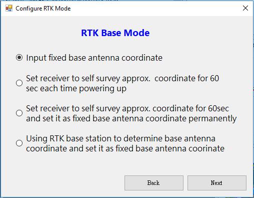 On the next dialog box, there are 4 ways to configure the base antenna position: Figure 6-5