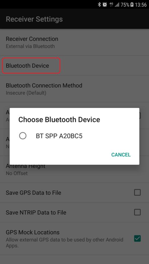 9. For Receiver Connection select External via Bluetooth. For Bluetooth Device select the BT SPP xxxxxx device. Check GPS Mock Locations. 10. Select NTRIP Settings.