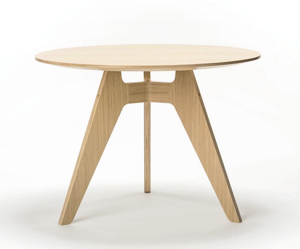 Lavitta 3-legged Round Table Design: Poiat Material Legs: CNC-cutted plywood Connection parts: Mould pressed plywood Top: Plywood Basic colors Soft Oak (laquered) Black