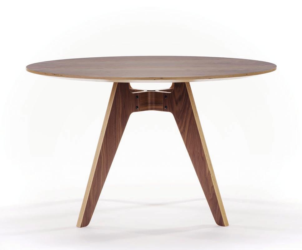 Lavitta 4-legged Round Table Design: Poiat Material Legs: CNC-cutted plywood Connection parts: Mould pressed plywood Top: Plywood Basic colors Soft Oak (laquered) Black