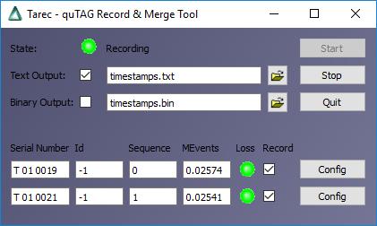Figure 10: tarec tool recording data from two synchronized qutags. The serial number and an approximate number of recorded events are shown on the bottom for each connected device.
