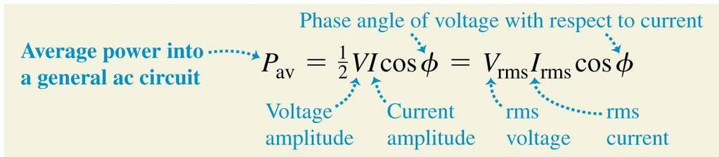 Power in a general ac circuit In any ac circuit, with any combination of resistors, capacitors, and inductors, the voltage v across the entire circuit