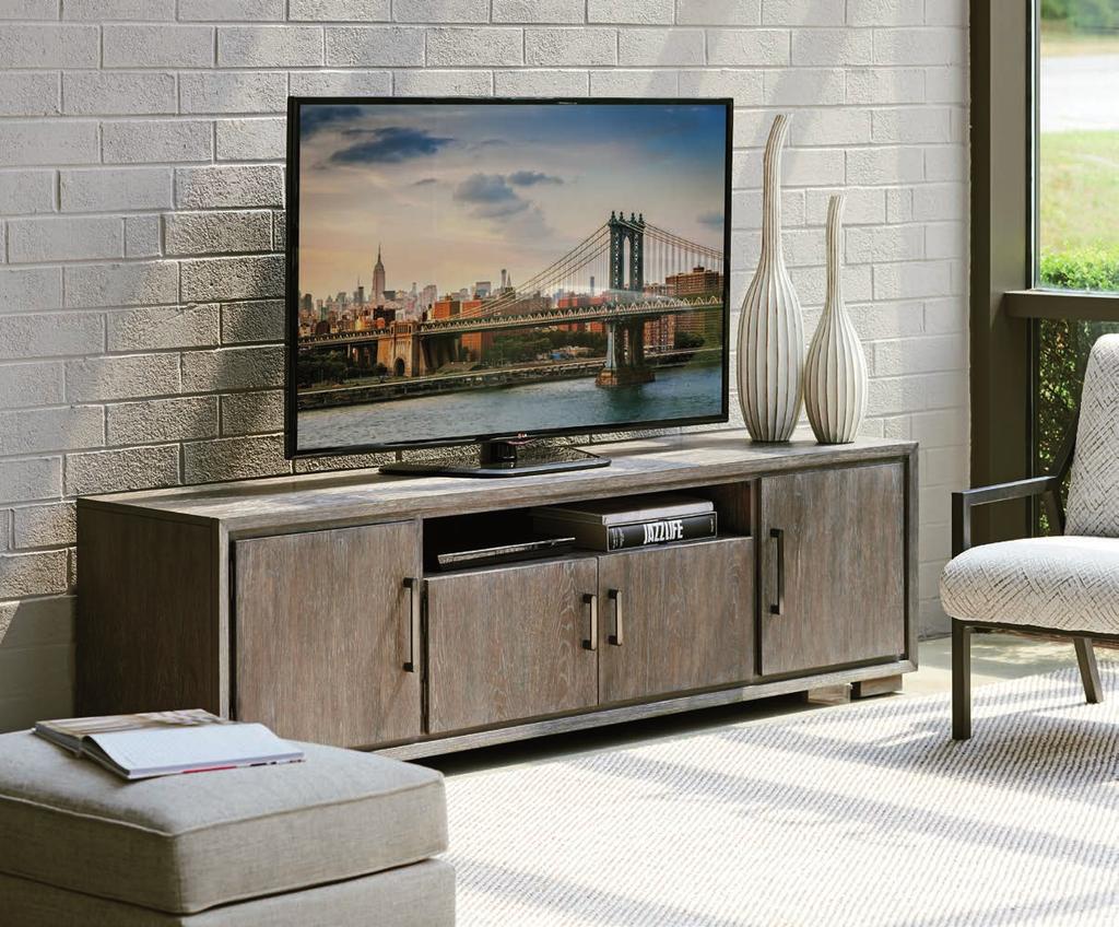 The 84-inch Madrona media console accommodates large-scale entertainment, which is often the primary focus of a living area.