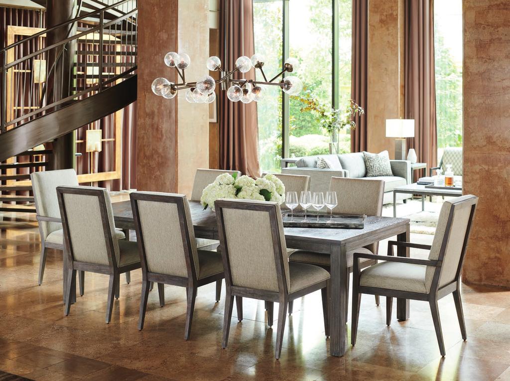 DINING ROOM The Marin rectangular dining table features a classic Parson s design. With one 20-inch leaf, the table extends to 100-inches, comfortably seating eight.