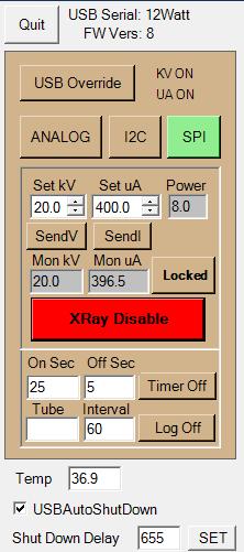 The software for the X-ray source is controlled separately using a graphical user interface (GUI) developed by the creators of said source. The GUI is displayed in figure 4.
