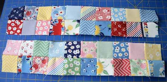 Sew these two rows together so that you have a rectangle of 4 rows