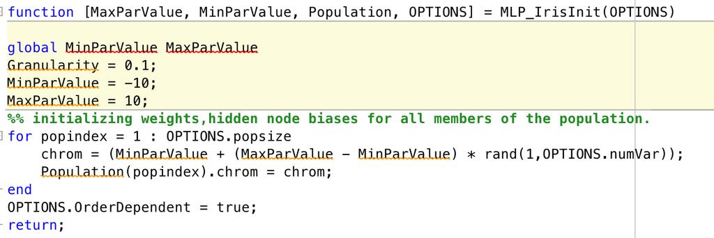 Figure 8.6.1 Code snippet where the weights and hidden node biases are initialized 8.