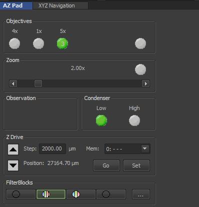 7. In the AZ Pad window, just below the OC Panel, check that your objective you chose manually matches the objective that the software is highlighting in green.