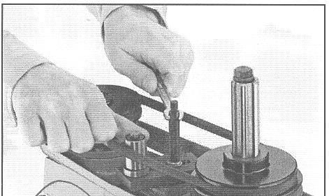 To change belt position: 1. Unplug the machine. 2. Remove the Upper Belt Guard, loosen the cover securing the stud and pivot the belt tensioner to relax tension on the belt. See Figure 28. 3.