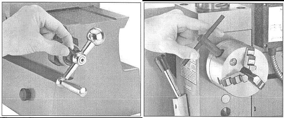 Figure 6. Place roll pin in hole and tap with hammer Figure 7. Rotate chuck key to open/close jaws LATHE CHUCK The Model B Lathe / Mill comes equipped with a 3 jaw (already installed).