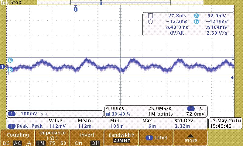 Output Ripple & Noise cont. Figure 6 ECS65US24 (65 W) 112 mv pk-pk ripple.