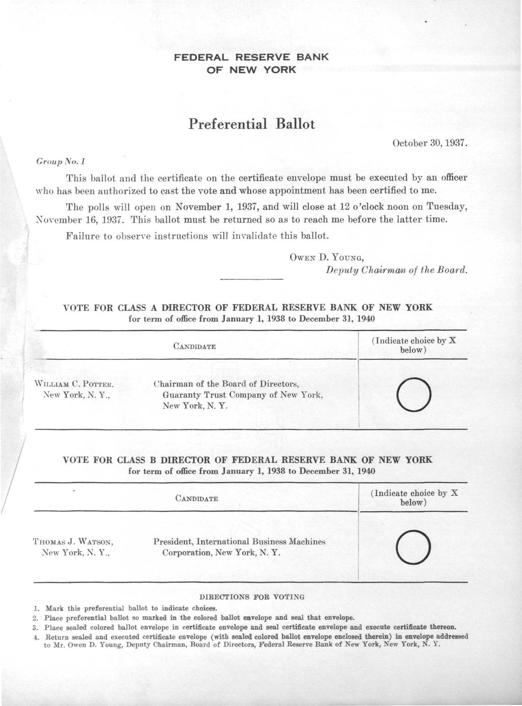FEDERAL RESERVE BANK OF NEW YORK Group No. 1 Preferential Ballot October 30,1937.