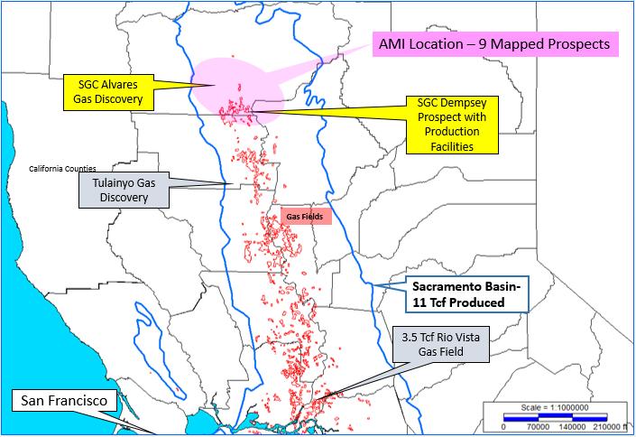 Fig 1: Sacramento Basin showing location of AMI 14% of the interest will be provided by Sacgasco, with the remaining 6% interest provide by AMI partner Xstate Resources Limited.