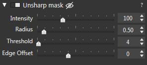 The Unsharp Mask palette (Microsoft Windows) The Unsharp Mask palette includes the following four sliders: Intensity sets the amount of sharpening to be applied to the whole image.