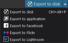 Exporting images Interface Export menu (Microsoft Windows) The Image Browser command bar consists of three buttons that are relevant to the Export function: Export to Disk, to Application, Facebook,