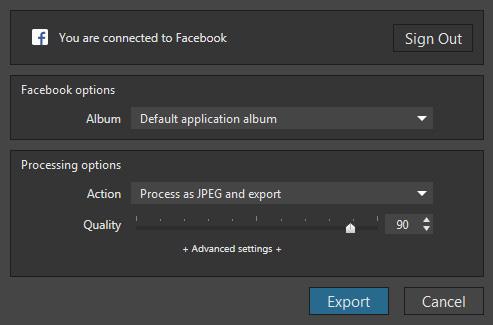 Export to Facebook Export to Facebook dialog box (Microsoft Windows) To export your images to Facebook: 1. Select one or more images in the Image Browser. 2.