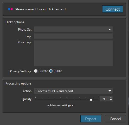 Export to Flickr Export to Flickr (Microsoft Windows) After you have clicked on the arrow to the right of the Export button for the first time and then chosen Export to Flickr in the drop-down menu,