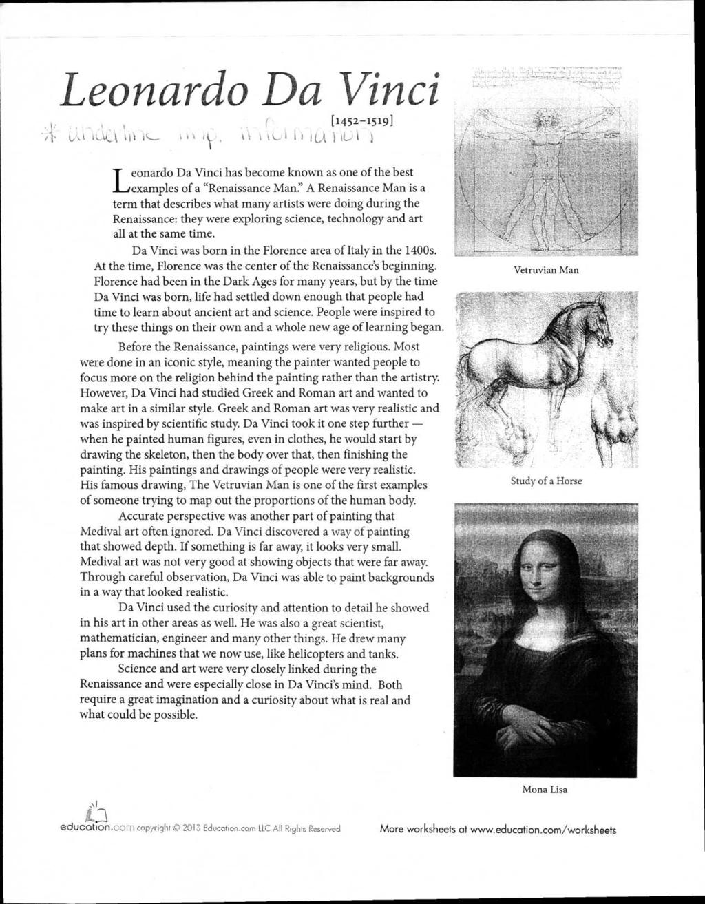 Leonardo Da Vinci [1452-1519] I 1C,! Leonardo Da Vinci has become known as one of the best examples of a "Renaissance Man.