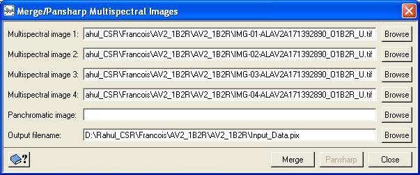 Browse for raw image bands; provide an output PIX file name in the Merge window and click Merge button.