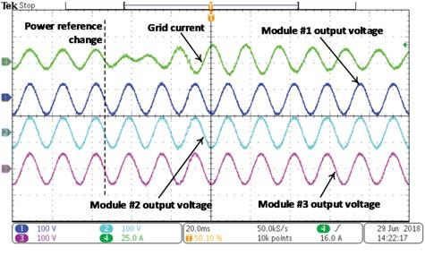 through the module undergoes transient but quickly retains the nominal operation, i.e., as soon as the grid frequency settles. The real power injection does not go through any noticeable transient.