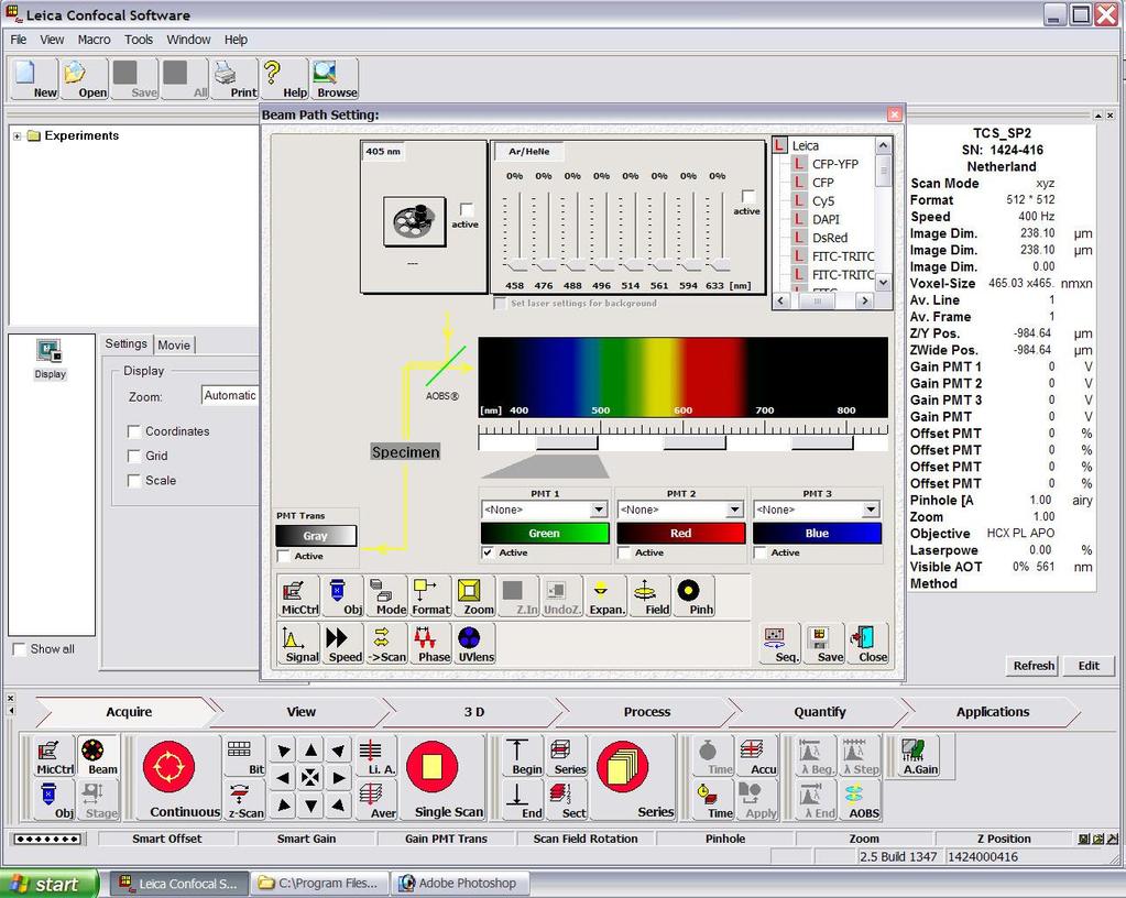 B. Acquiring and saving images In the Leica Confocal Software (icon on desktop): the "Acquire" menu appears on the left monitor. Images will be displayed on the right monitor.